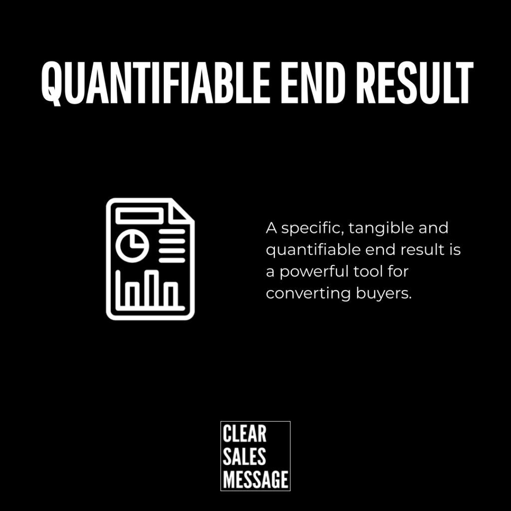 Qer Headline quantifiable end result on a black background with a data report icon on the left and a right side paragraph about tangible results for converting buyers bottom clear sales message logo