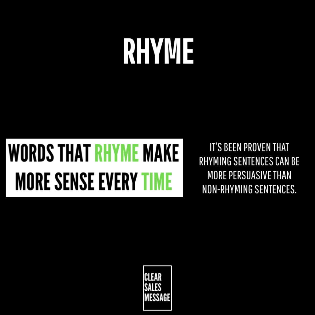 Rhyme corrected Black poster with a large rhyme title left banner says words that rhyme make more sense every time rhymetime in green right text claims rhyming is more persuasive small clear sales message logo at bottom