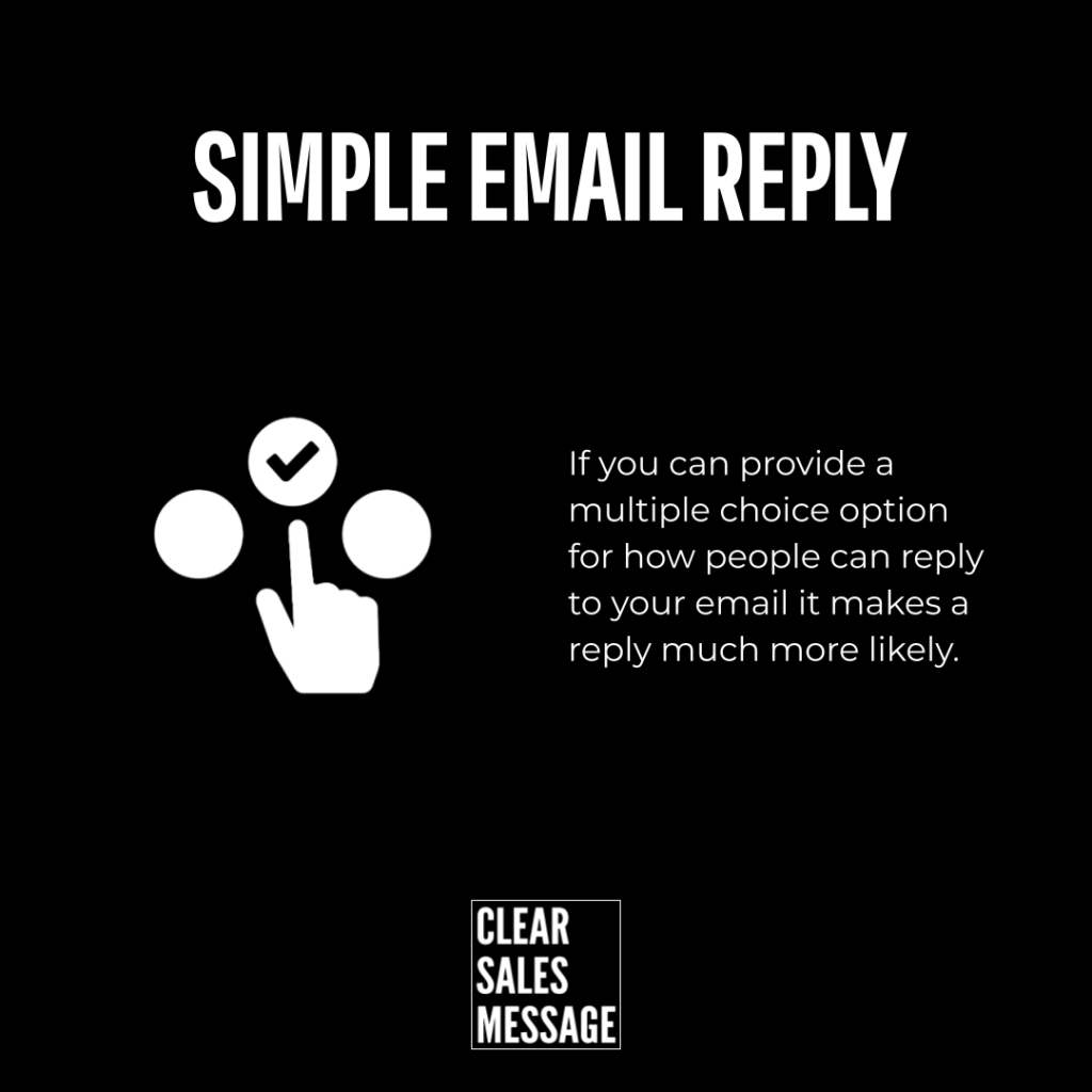 Poster reading simple email reply with a hand tapping a checkmark on the left and supporting text about offering multiple reply options on the right clear sales message logo at bottom