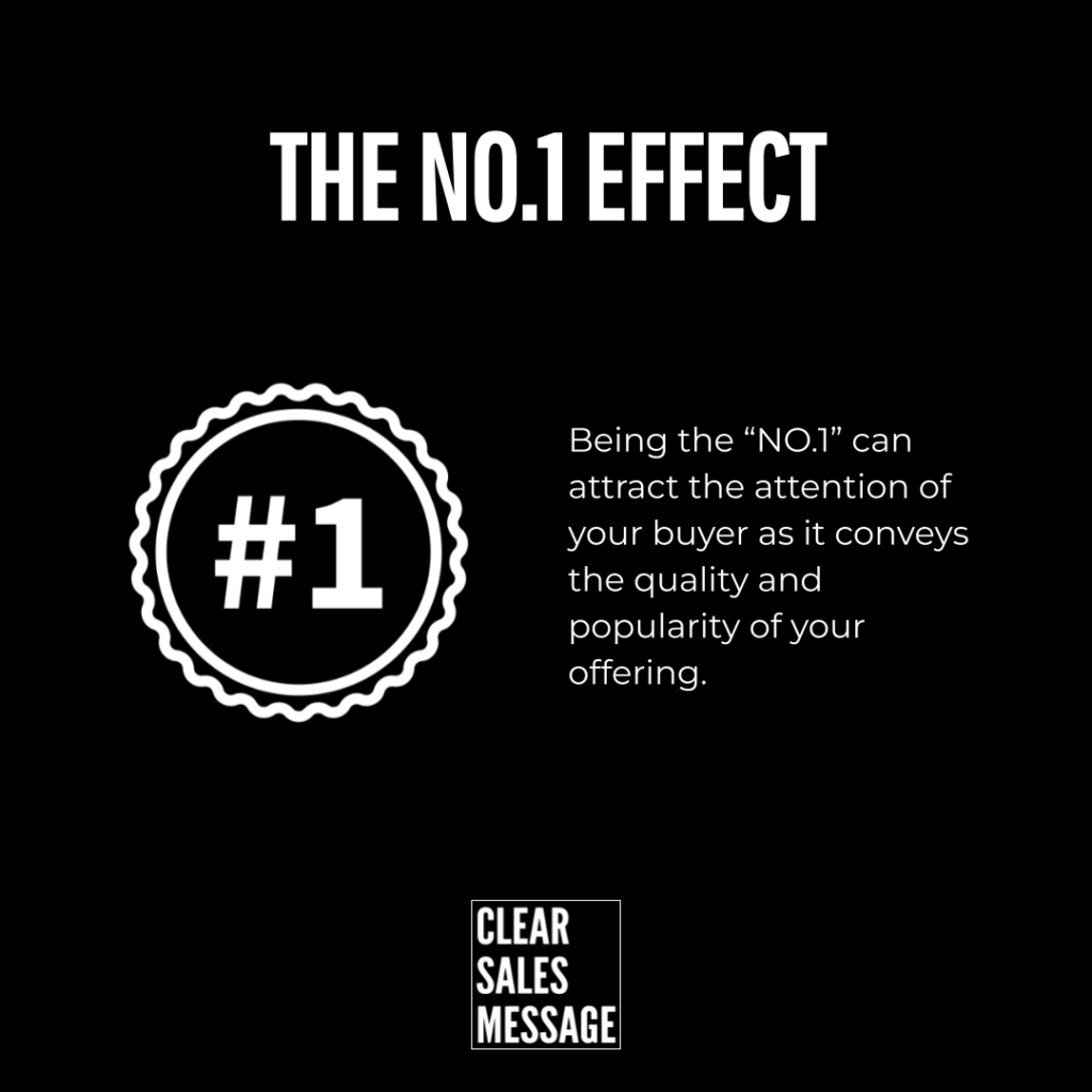 Black marketing slide with the title the no 1 effect a white circular 1 badge on the left and descriptive text about no 1 signaling quality on the right clear sales message logo at the bottom