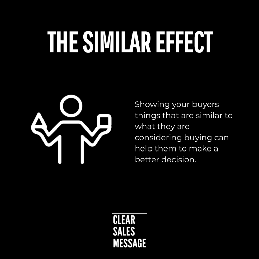Black poster with white text the similar effect a white outline stick figure holding items on both hands and a paragraph about showing buyers similar products to aid decisions