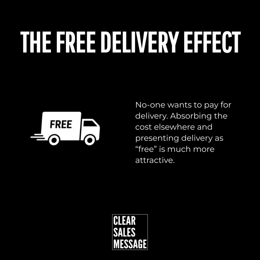 Hero banner black background with large white headline the free delivery effect a white delivery truck icon labeled free on the left and explanatory text on the right clear sales message logo at bottom