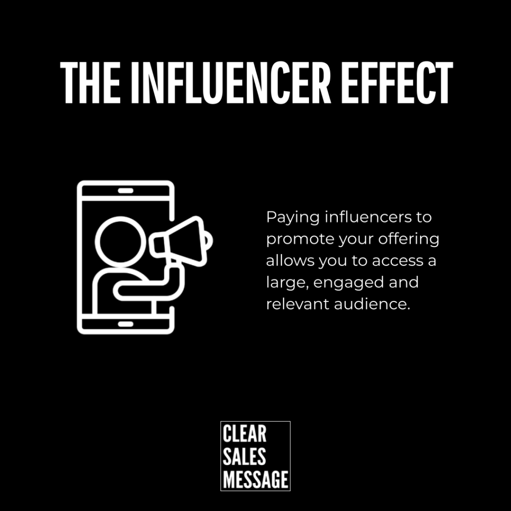 The influencer effect Poster titled the influencer effect featuring a white line art smartphone with a user and megaphone and text about paying influencers to reach a large engaged audience
