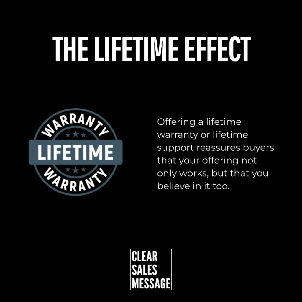 The lifetime effecrt Black backdrop with bold white title the lifetime effect a circular lifetime warranty badge on the left and a right side paragraph about a lifetime warranty plus a small clear sales message logo at the bottom