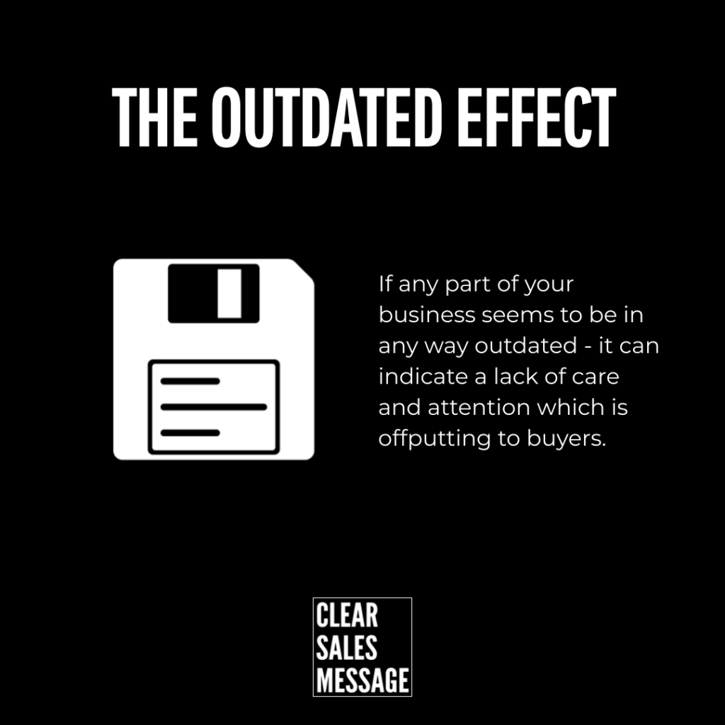 Poster style image with the title the outdated effect a white floppy disk icon and a paragraph about outdated business messaging logo clear sales message at bottom