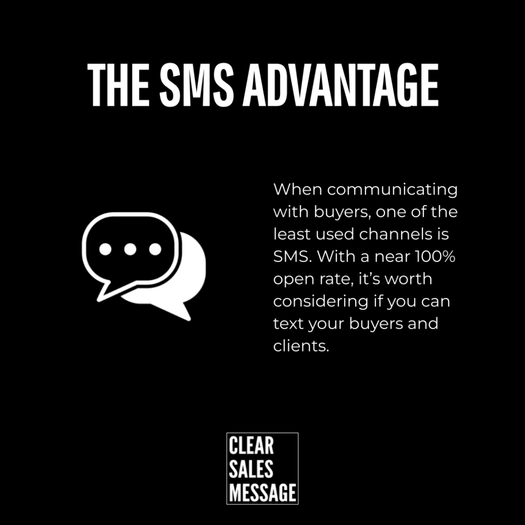 Slide titled the sms advantage on a black background with a white chat bubble icon a right aligned paragraph about sms open rates and a small clear sales message logo at the bottom