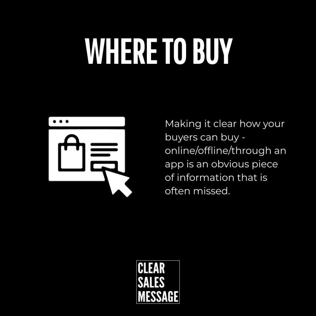 Black hero with the title where to buy left shopping site icon and cursor right explanatory text about buying options bottom clear sales message logo