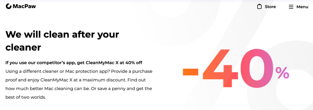 Macpaw promo banner bold headline we will clean after your cleaner with a large  40 discount graphic on the right for cleanmymac x