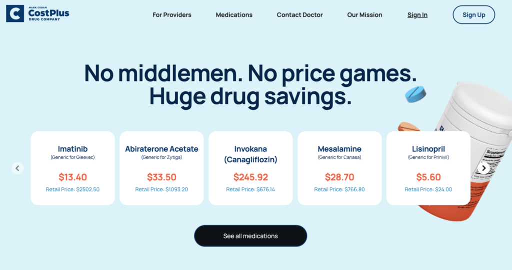 Pharmacy homepage hero promoting low drug costs large text headline navigation links at top row of rounded white medication cards with names and prices and a medication bottle on the right side