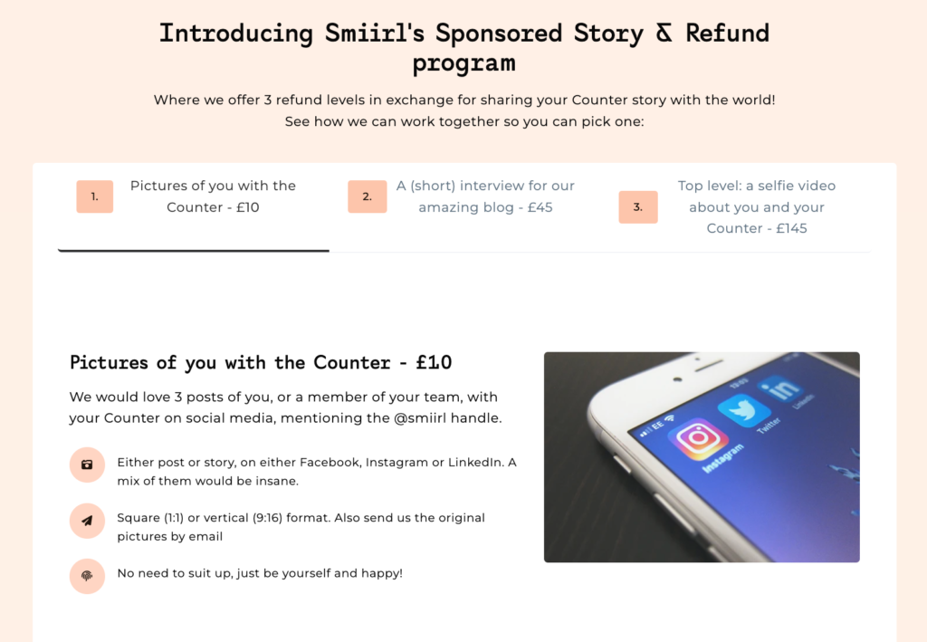 Promotional page announcing smirls sponsored story  refund program with three options shown above a peach background and a phone image on the right