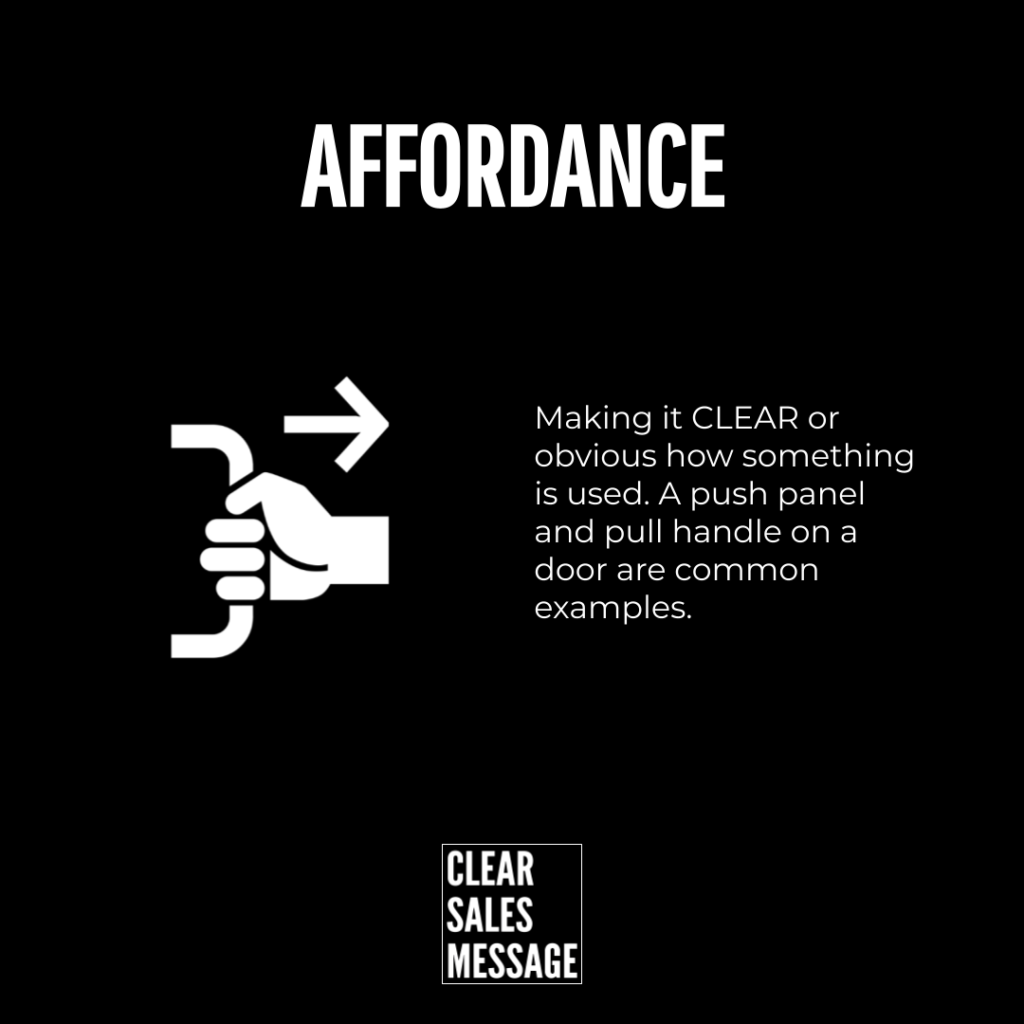 Affordance Slide titled affordance with a left hand door pull icon and right side caption about making usage obvious bottom logo clear sales message