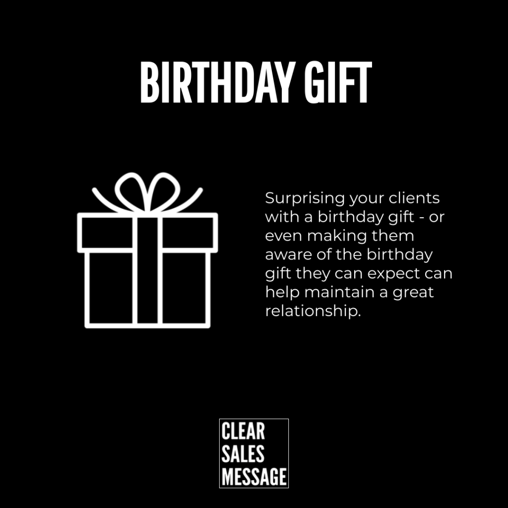 Black marketing banner with the bold title birthday gift a white gift box icon on the left and supporting copy about surprising clients to strengthen relationships small clear sales message logo at the bottom