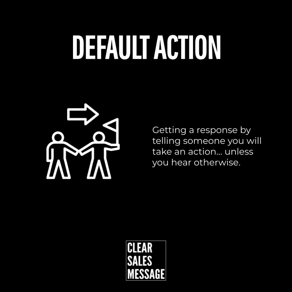 Default action Black poster with the title default action white line art shows two people shaking hands an arrow and a flag plus explanatory text and a clear sales message logo below