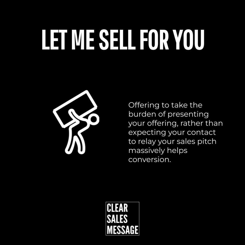 Let me sell for you Black background ad heading let me sell for you white outline icon of a person lifting a rectangle on the left right side paragraph about taking the burden of presenting your offering to boost conversion bottom clear sales message logo