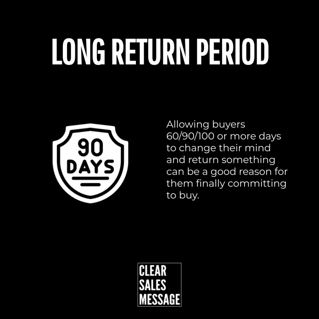 Long return period Black marketing graphic about a long return period left shows a 90 days shield right explains 60100+ day return windows bottom clear sales message logo