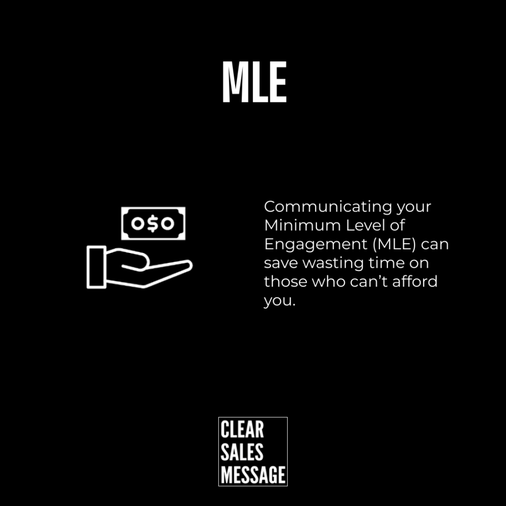 Mle branding at top with a hand offering money and a right side message about minimum level of engagement and clear sales message at bottom marketing graphic