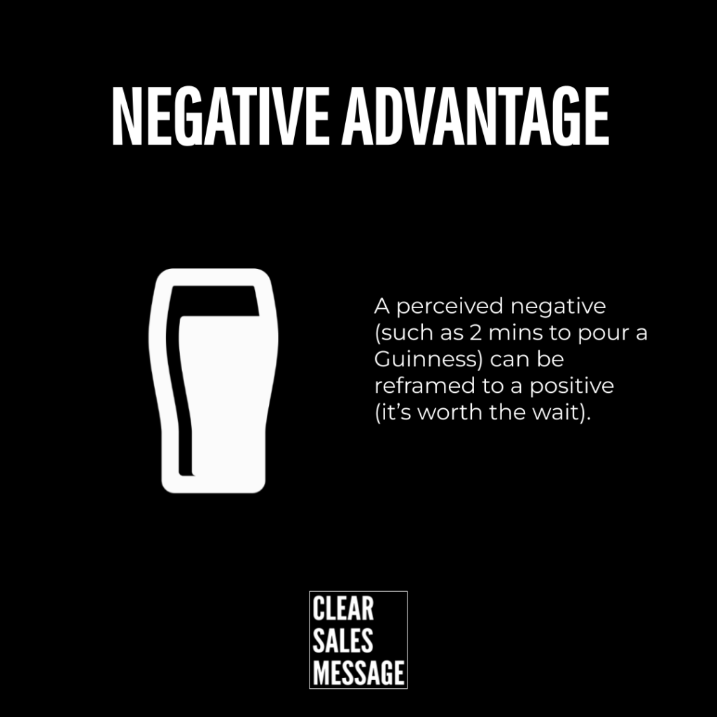 Slide titled negative advantage with a white beer glass icon on a black background and text about reframing a perceived negative into a positive plus a clear sales message logo at the bottom