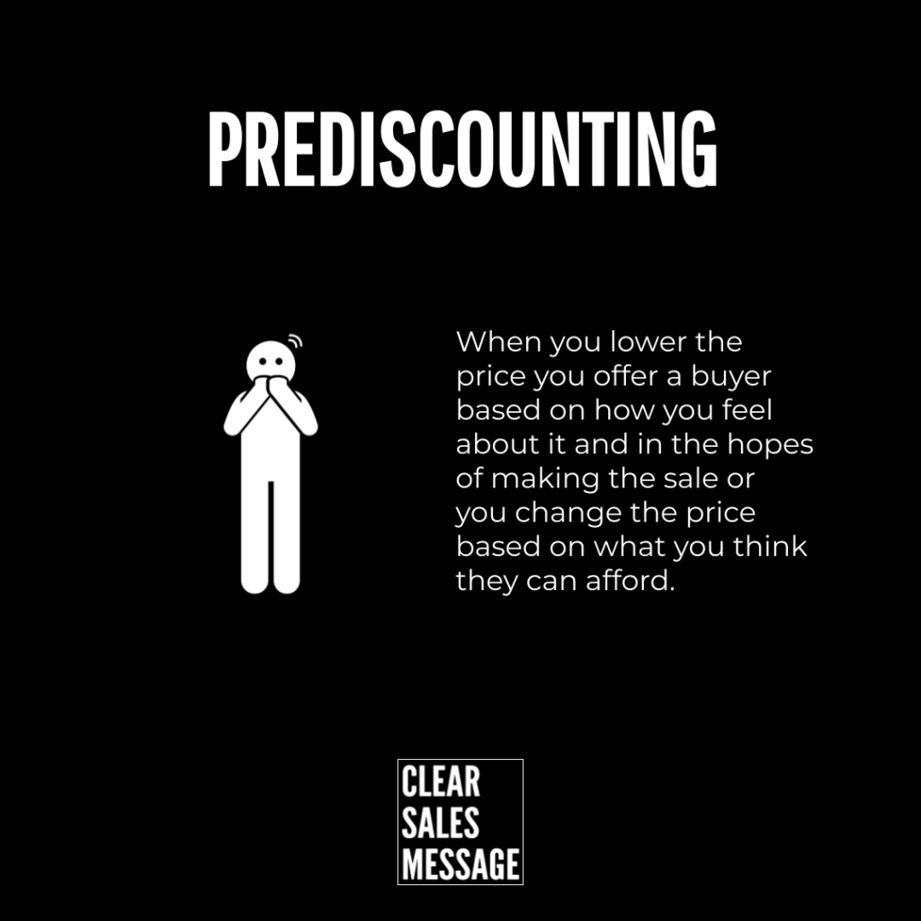 Prediscounting a worried stick figure beside a long paragraph about lowering prices to influence a sale with the clear sales message logo at the bottom