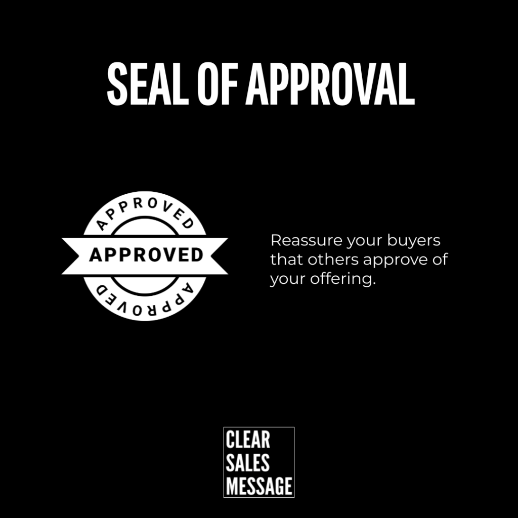 Large black banner reading seal of approval with a white approval stamp on the left and the reassurance text on the right small clear sales message logo at the bottom