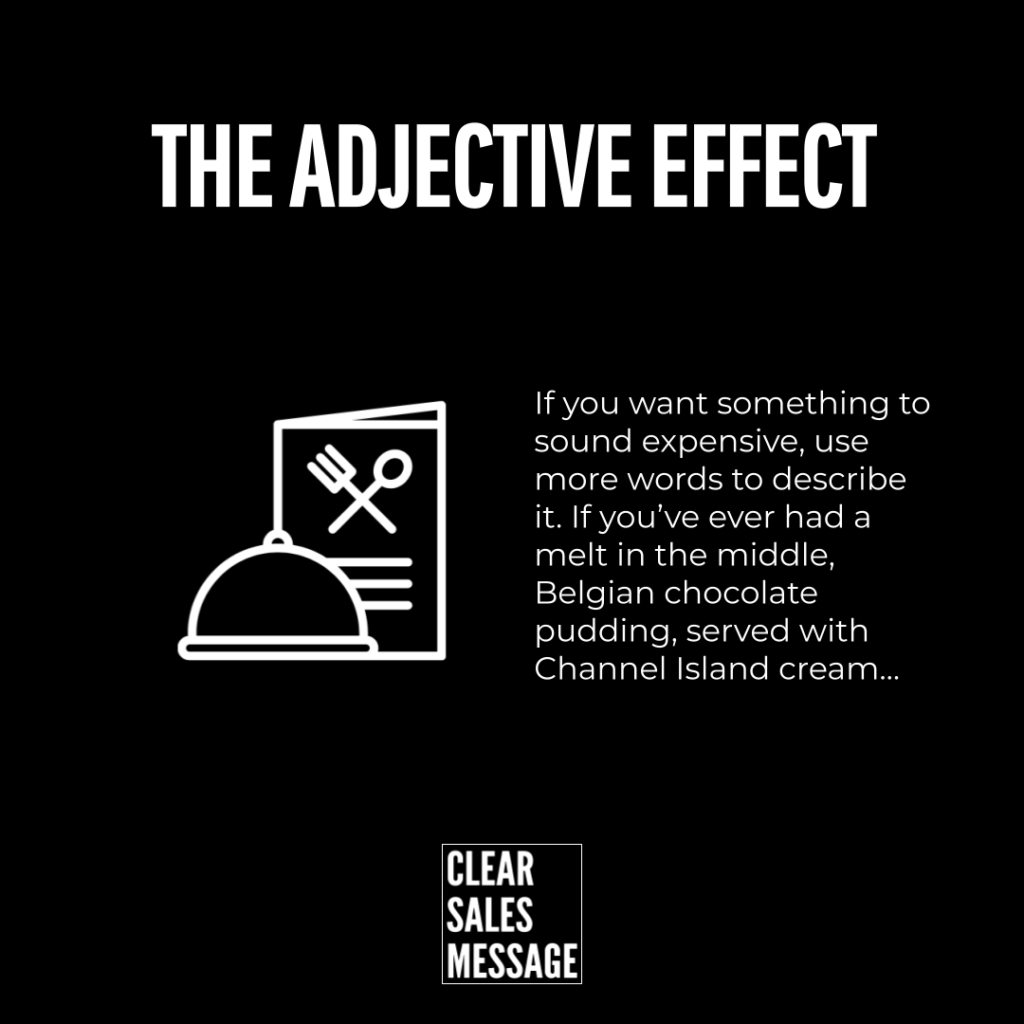 Bold title the adjective effect on black with a white line art dishcutlery icon beside descriptive text and a small clear sales message logo at the bottom