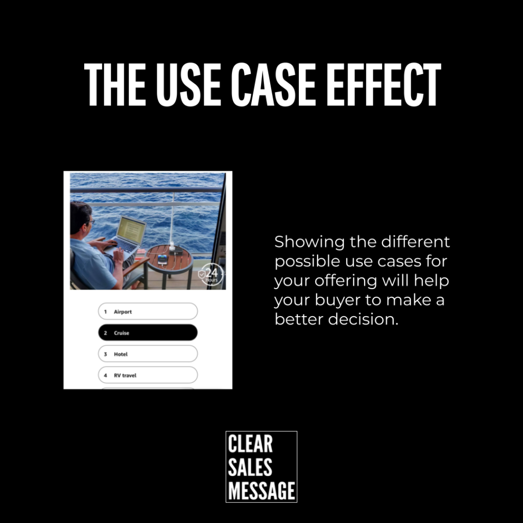 The use case effect Black background with bold title the use case effect left shows a person with laptop on a boat right shows explanatory text about use cases bottom logo clear sales message
