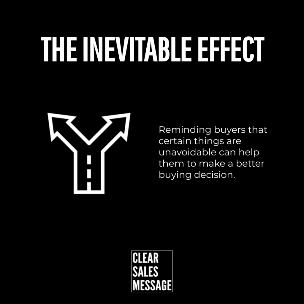 Poster style image with the title the inevitable effect a white split road icon on the left and right side explanatory text about guiding buyers small clear sales message logo at the bottom