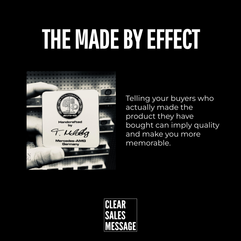 Hero banner the made by effect title with grayscale hand holding a logo card on the left explanatory text on the right and a clear sales message logo below