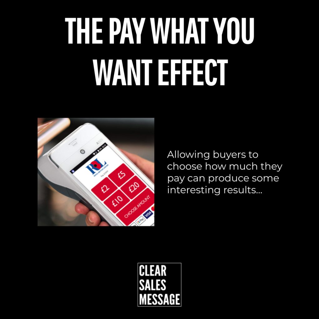 Poster titled the pay what you want effect with a card reader image on the left and caption text on the right