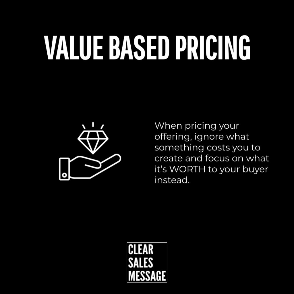 Value based pricing Header value based pricing with a hand holding a diamond icon and a paragraph about pricing value brand logo at bottom center reading clear sales message