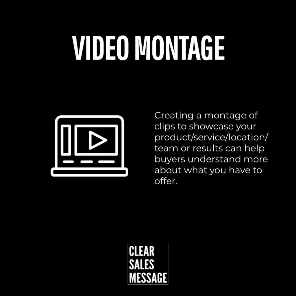 Slide titled video montage on a black background with a white laptop video icon on the left and descriptive text on the right clear sales message logo at the bottom