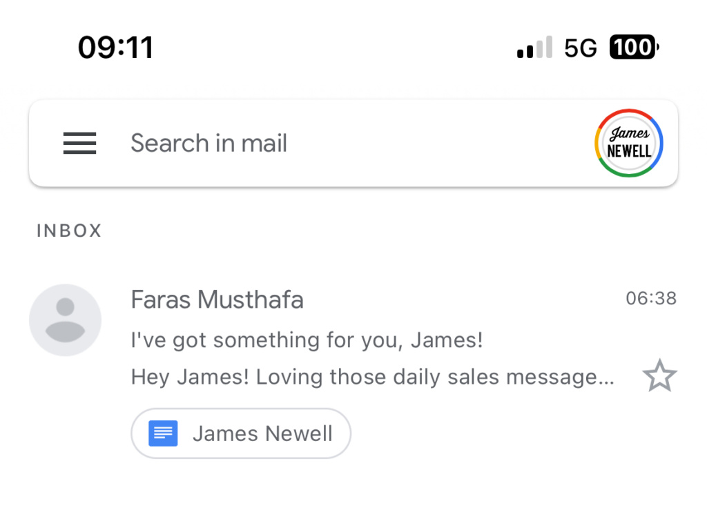 Inbox screen with a search bar labeled search in mail circular avatar beside faras musthafas message and a preview with timestamp 0638