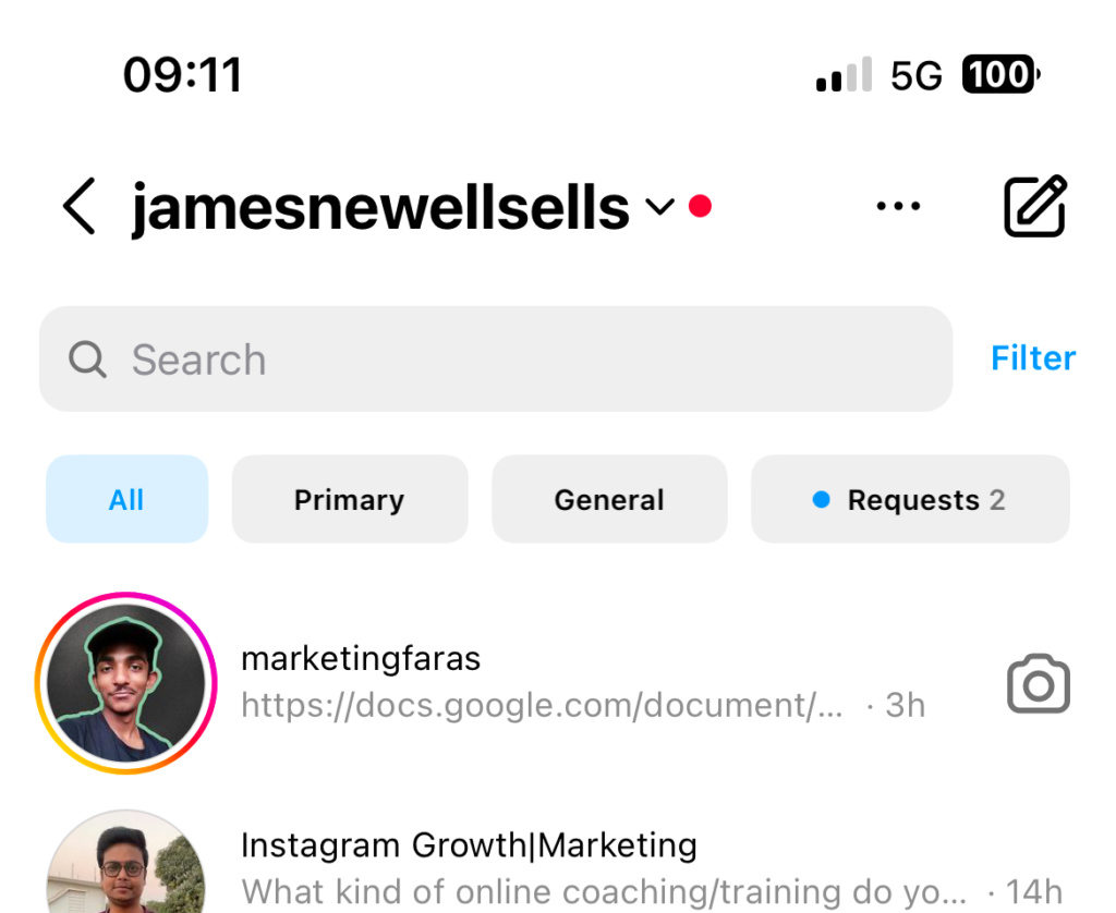 Inbox screen showing user jamesnewellsells online search bar and allprimarygeneralrequests tabs