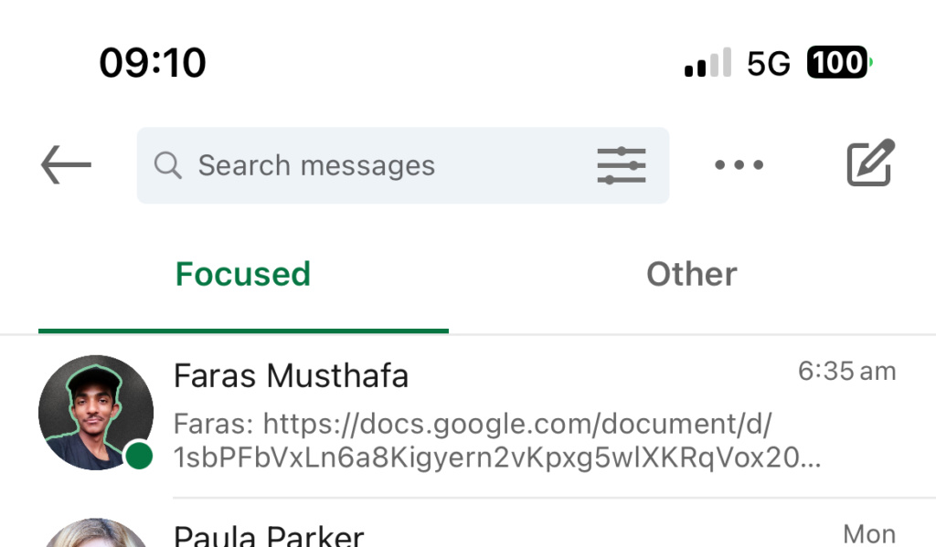 Focused messages tab with a contact row circular avatar green online dot name long url in preview 635 am timestamp
