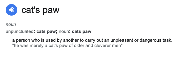 Dictionary entry for cats paw a person used by others to perform unpleasant or dangerous tasks with an example sentence