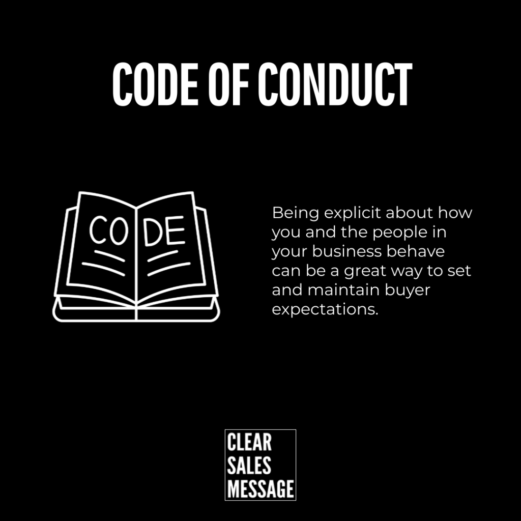Code of conduct hero white heading on black left open book icon right paragraph about explicit business conduct clear sales message logo bottom