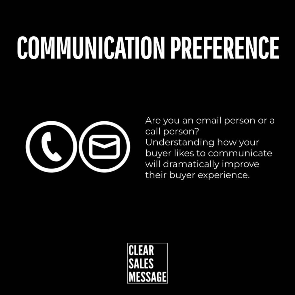 Communication preference phone and email icons with text advising to contact buyers by call or email includes clear sales message logo at bottom on a black background