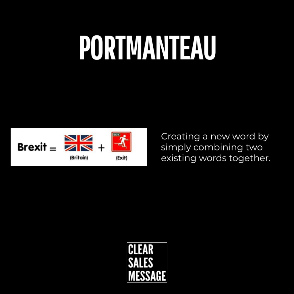 Black poster titled portmanteau with a brexit portmanteau diagram britain flag + exit icon and the caption creating a new word by simply combining two existing words together plus a small clear sales message logo at the bottom