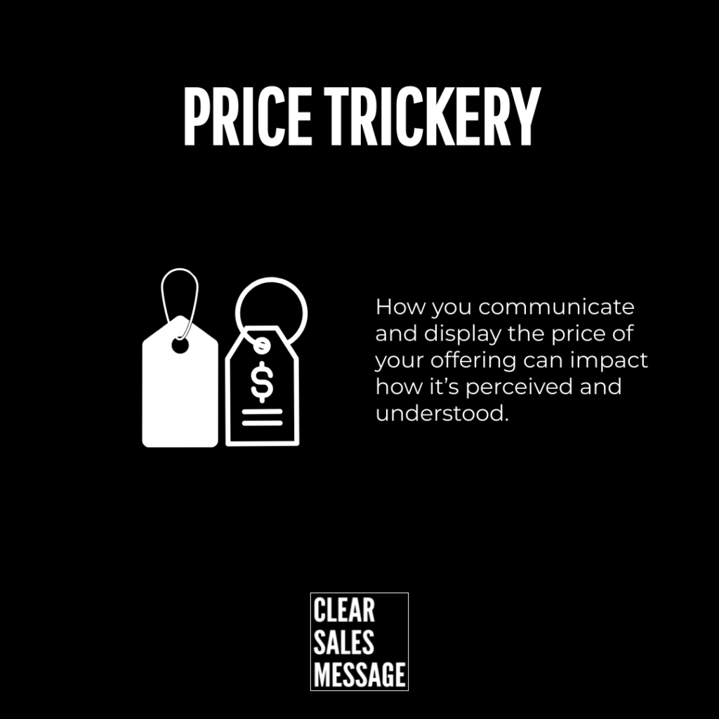 Price trickery Black background with a large price trickery title two white price tag icons on the left explanatory text on the right and a clear sales message logo at the bottom center