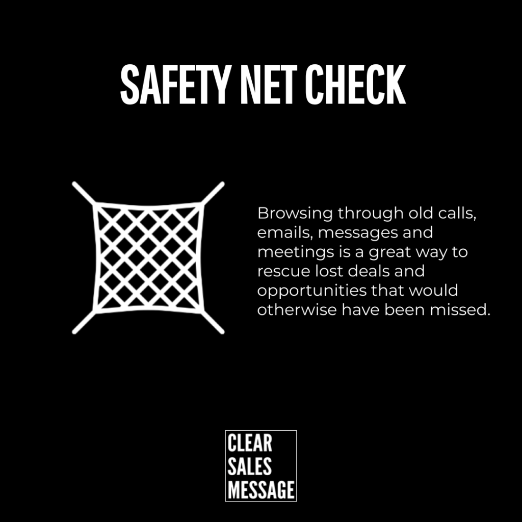 Safety net check Slide titled safety net check with a white net icon and text about revisiting old calls and emails to recover lost deals clear sales message logo at bottom