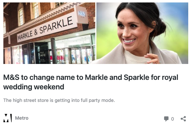 Screenshot 2023 12 05 at 05 42 02 Left panel shows a store with a sign reading markle sparkle beside a smiling woman in a separate panel context royal wedding weekend news