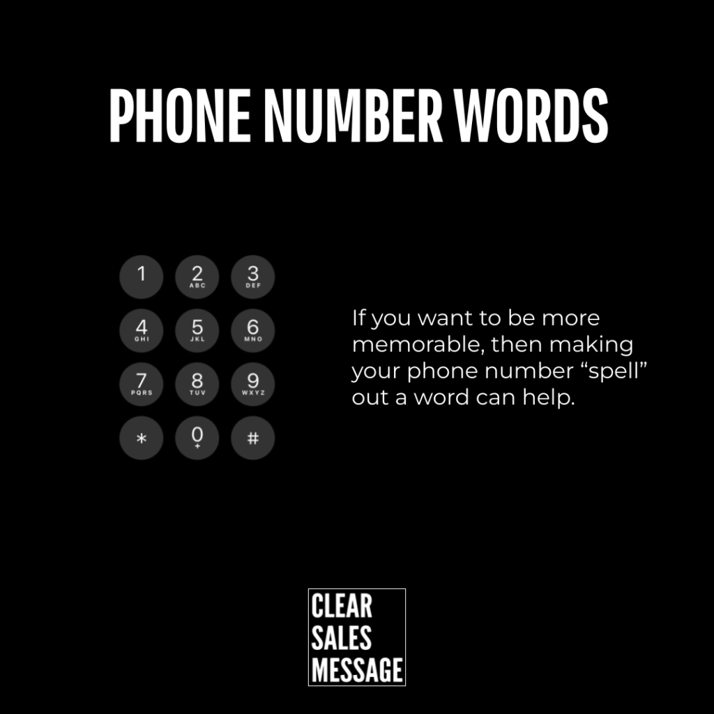 Poster style image on black title phone number words with a keypad on the left explanatory sentence about spelling phone numbers and a clear sales message logo at the bottom