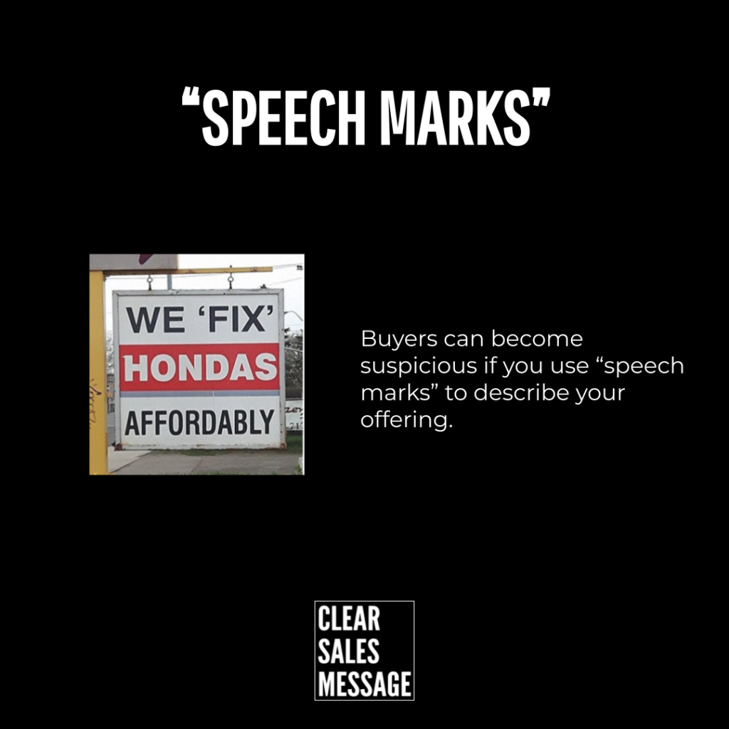 Slide titled speech marks showing a sign reading we fix hondas affordably and an explanation about using quotation marks in sales language