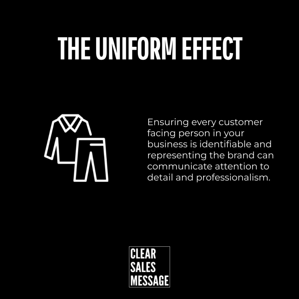 The uniform effect Black hero section with bold title the uniform effect left clothing icon right paragraph about brand consistency and professionalism small clear sales message square logo at the bottom