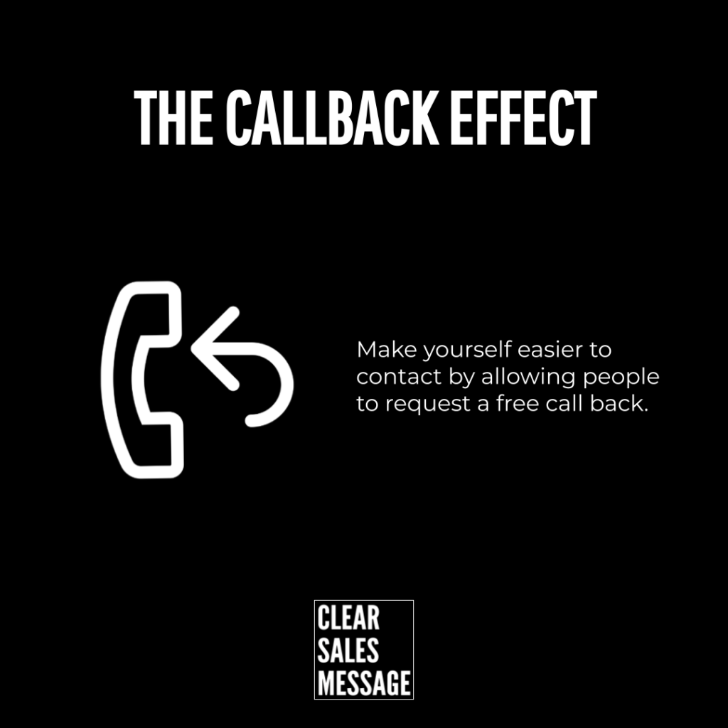 Black poster style graphic headline the callback effect a white phone icon and the message about requesting a free call back with a small clear sales message logo at the bottom