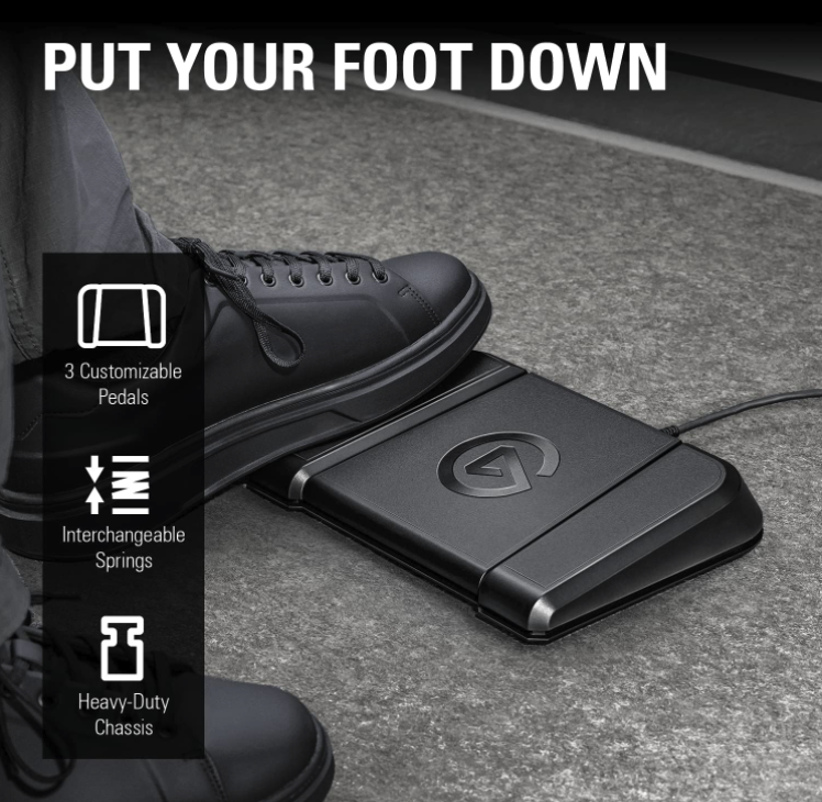 Close up of a black foot pedal under a boot overlay highlights three customizable pedals interchangeable springs and a heavy duty chassis on the left