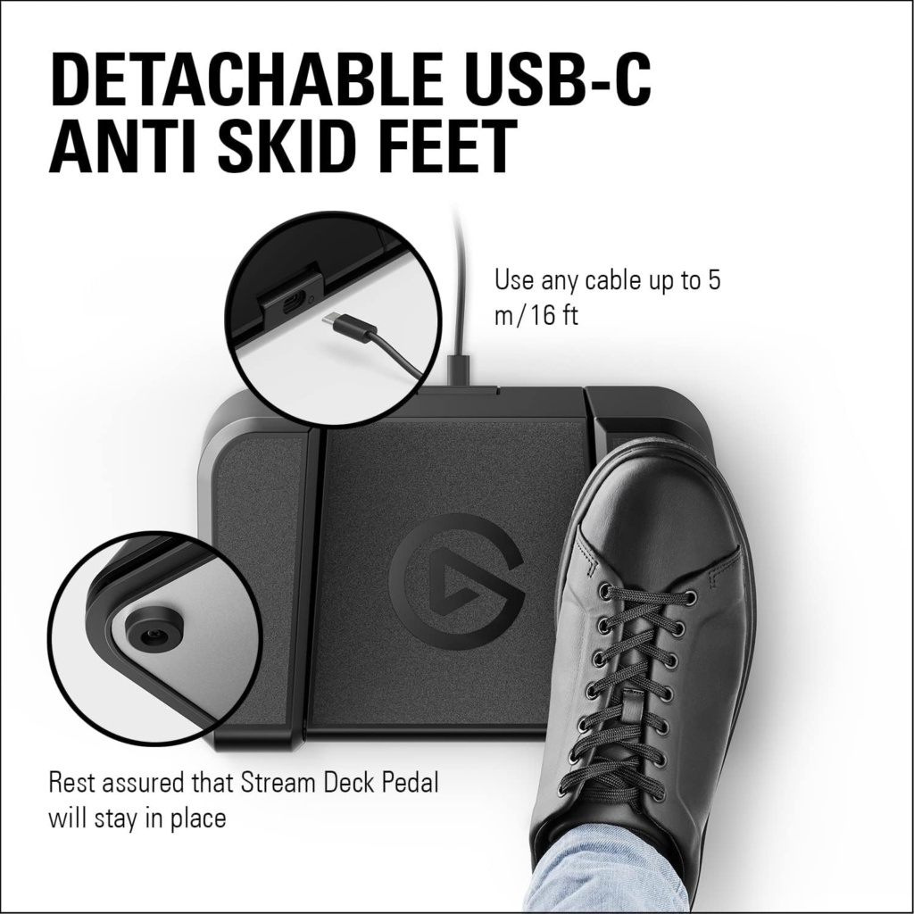 Detachable usb c anti skid feet feature on a stream deck pedal with a shoed foot pressing the pedal