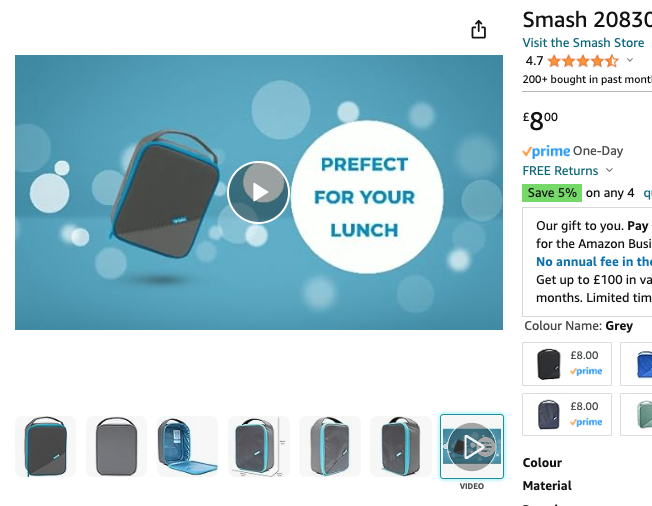 Hero banner blue gray lunch bag on a blue background with bubbles a circular perfect for your lunch badge and a play button overlay
