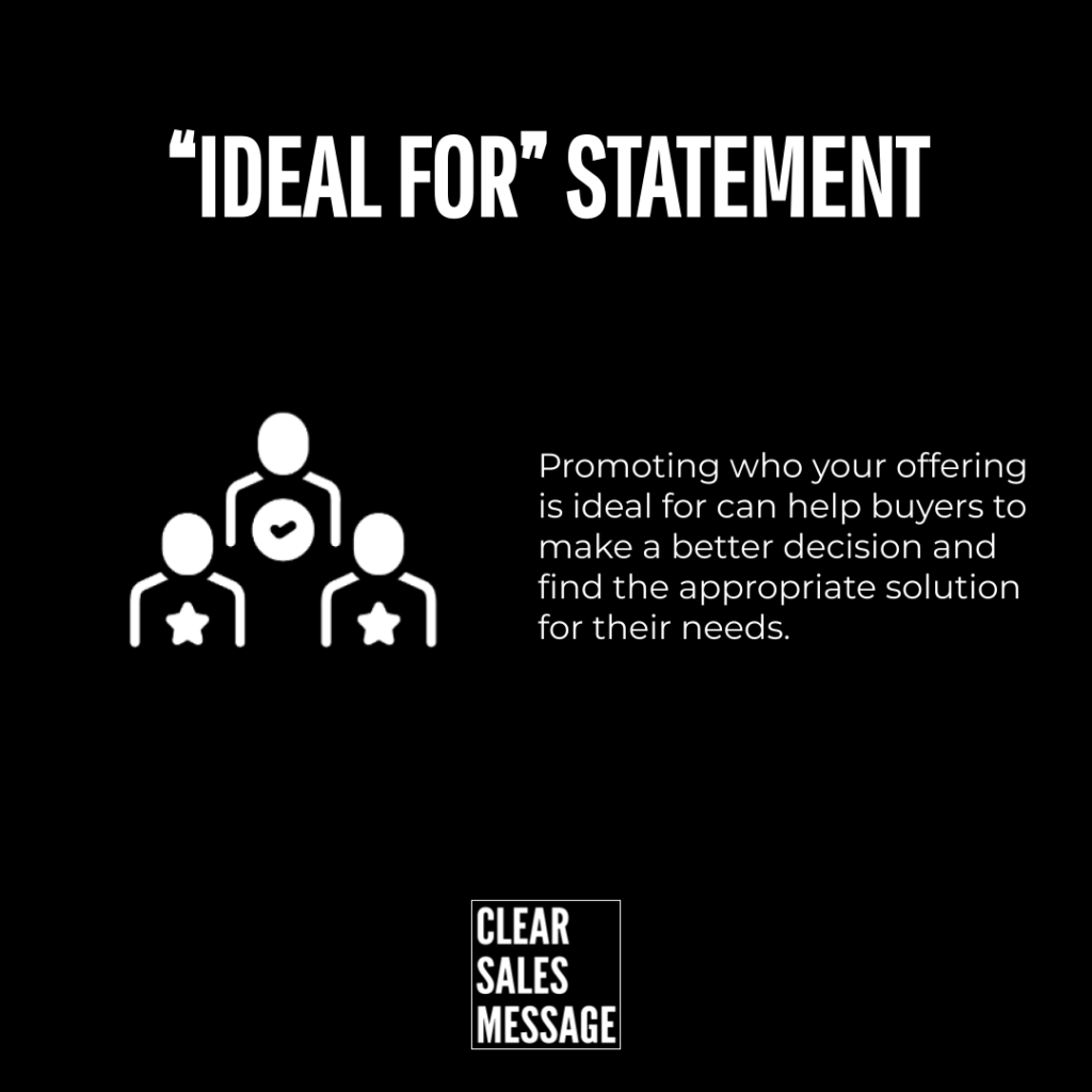 Black slide with an ideal for statement a three person icon on the left and a right side paragraph about targeting ideal buyers bottom clear sales message logo