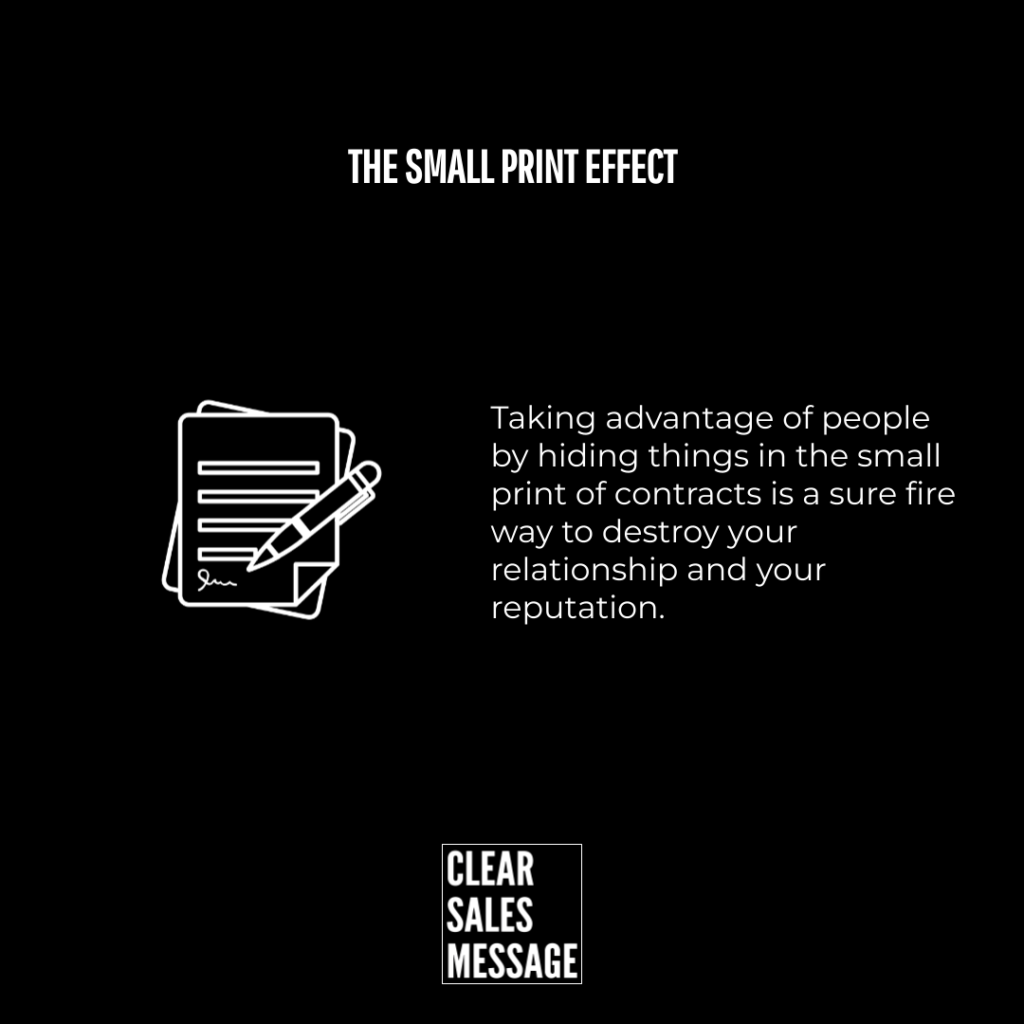 Black background with the title the small print effect left icon shows stacked papers and a pencil right block warns small print in contracts can destroy relationships with a clear sales message logo below