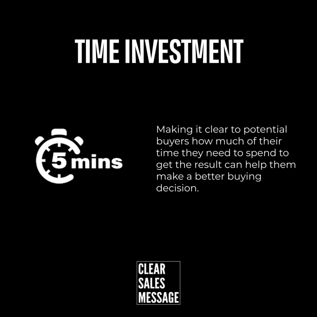 Slide titled time investment with a stopwatch showing 5 mins and text about the time buyers must spend bottom clear sales message logo